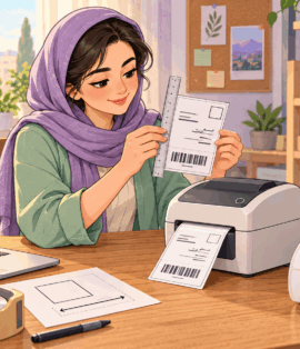 تصویرسازی فروشندهٔ آنلاینشاپ در حال بررسی اندازهٔ لیبل کنار پرینتر حرارتی و بستههای پستی