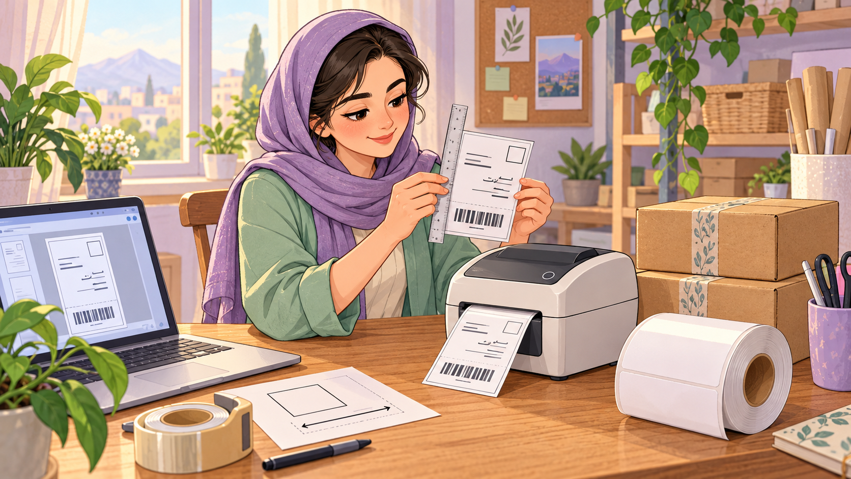 تصویرسازی فروشندهٔ آنلاین‌شاپ در حال بررسی اندازهٔ لیبل کنار پرینتر حرارتی و بسته‌های پستی